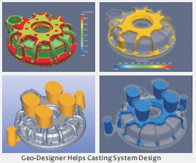 Geo-Design helps the designer to understand the thickness/mass distribution of the gravity casting parts. (upper left: thickness analysis upper right: Mass Distribution Index (MDI) of the thicker region)